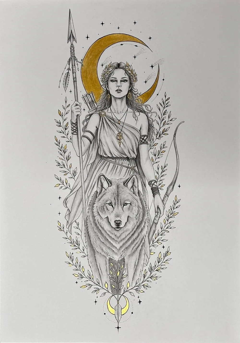 Illustration einer Göttin mit Wolf und Mond von der Künstlerin Verena, ausgestellt im Restaurant Kaspio